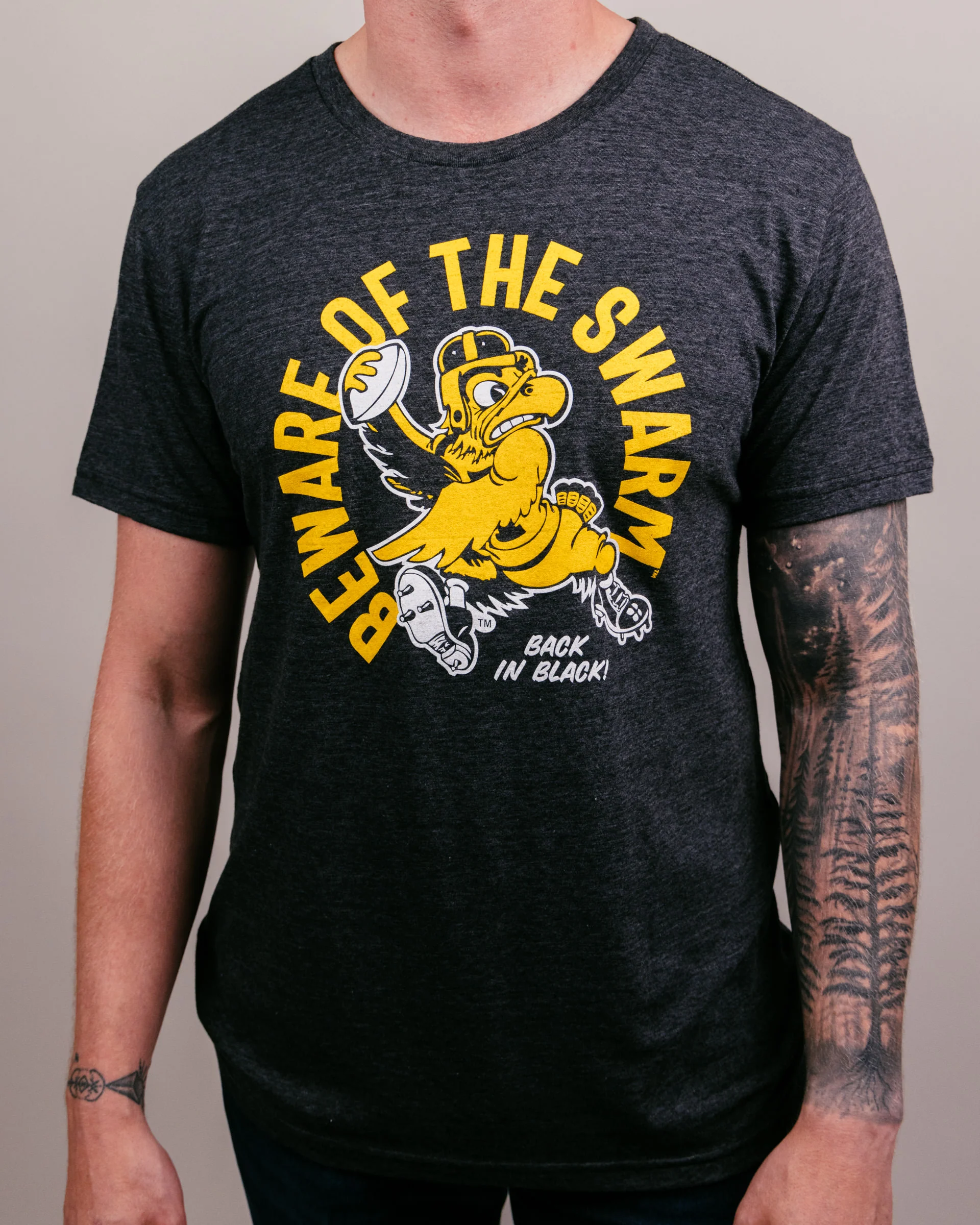 Beware the Swarm Iowa Football Black T-Shirt - Image 2