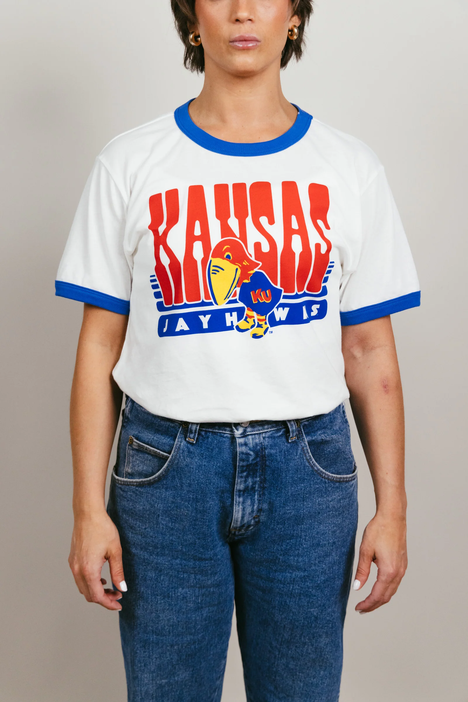 Kansas Jayhawk 70s White & Royal Unisex Ringer - Image 2