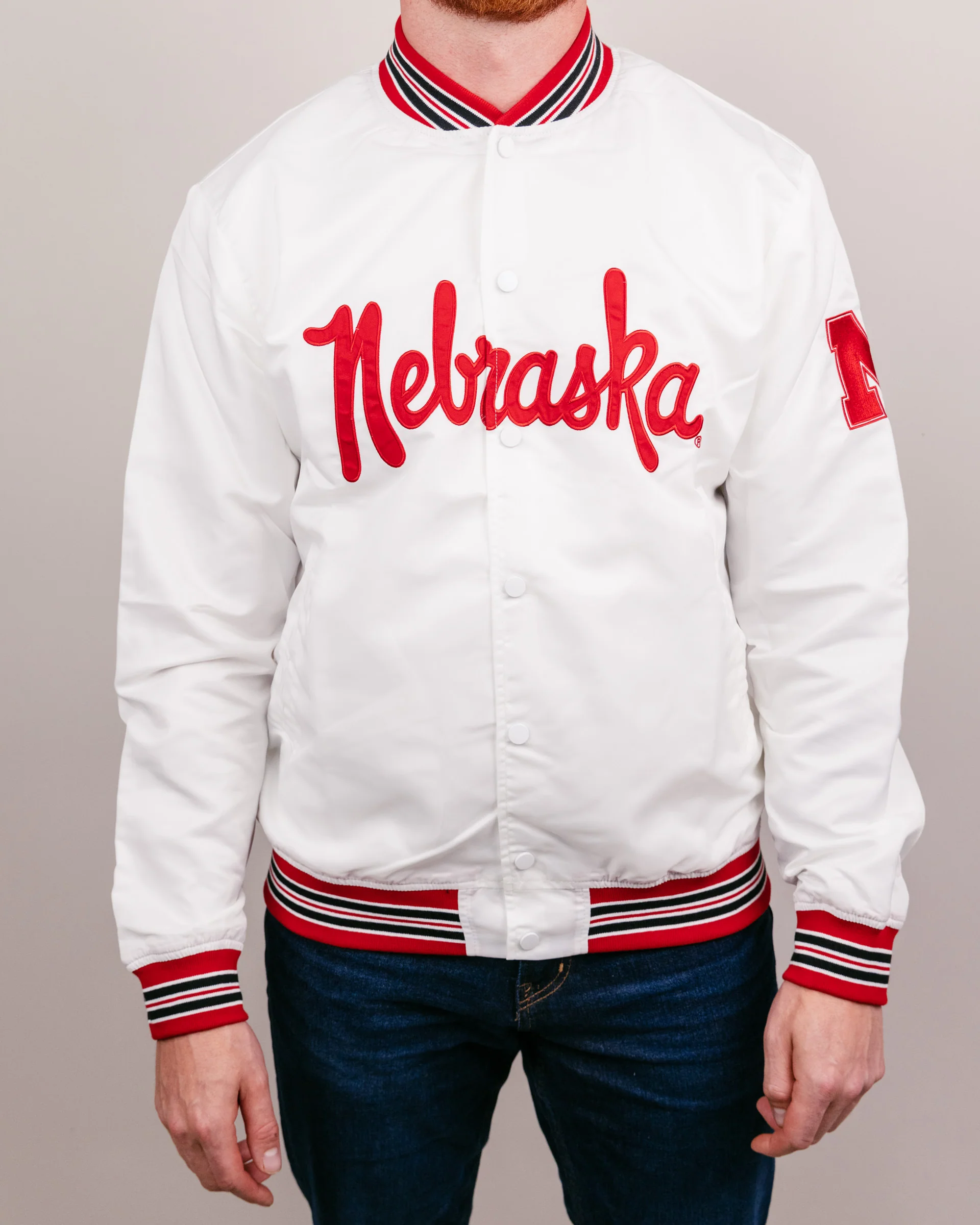 Nebraska Script Vintage White Letterman Jacket - Image 3