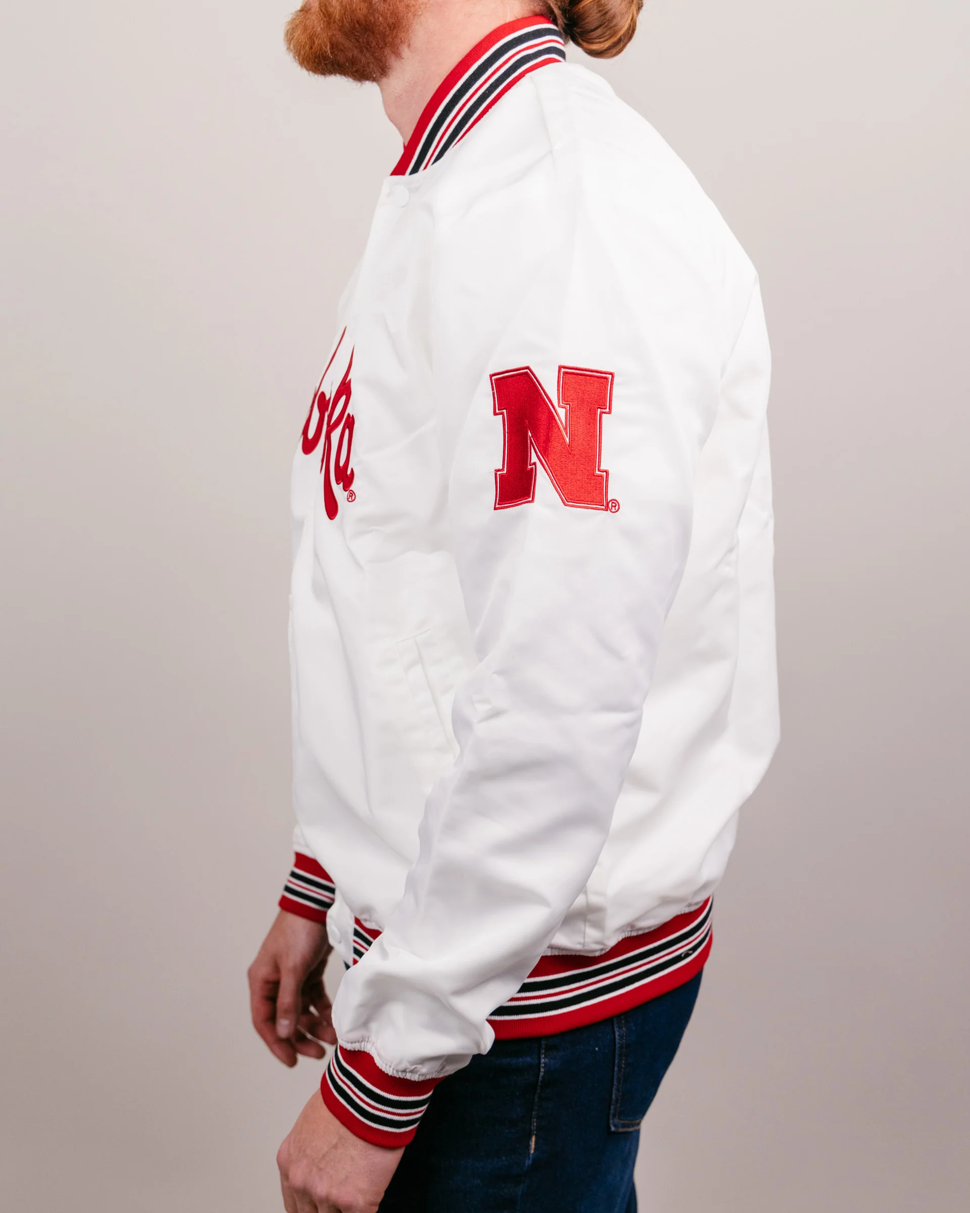 Nebraska Script Vintage White Letterman Jacket - Image 4