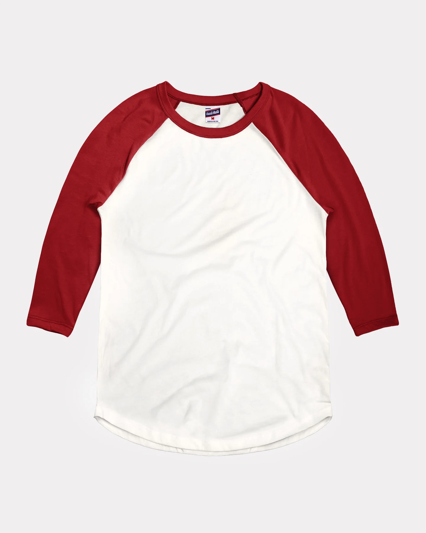 White and Cardinal 3/4 Sleeve Curved Hem Unisex Essential Raglan