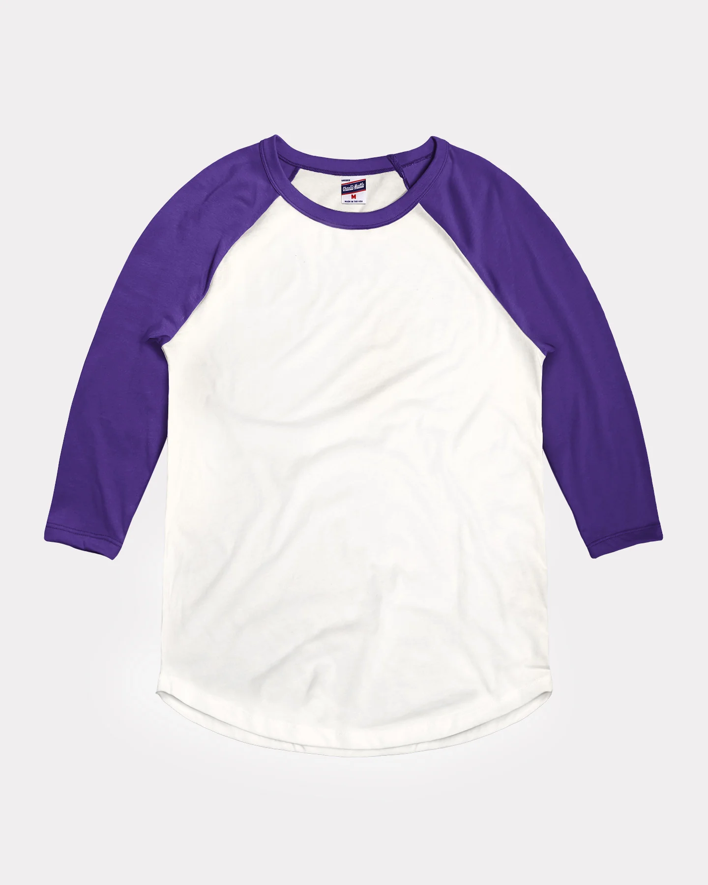White and Purple 3/4 Sleeve Curved Hem Unisex Essential Raglan