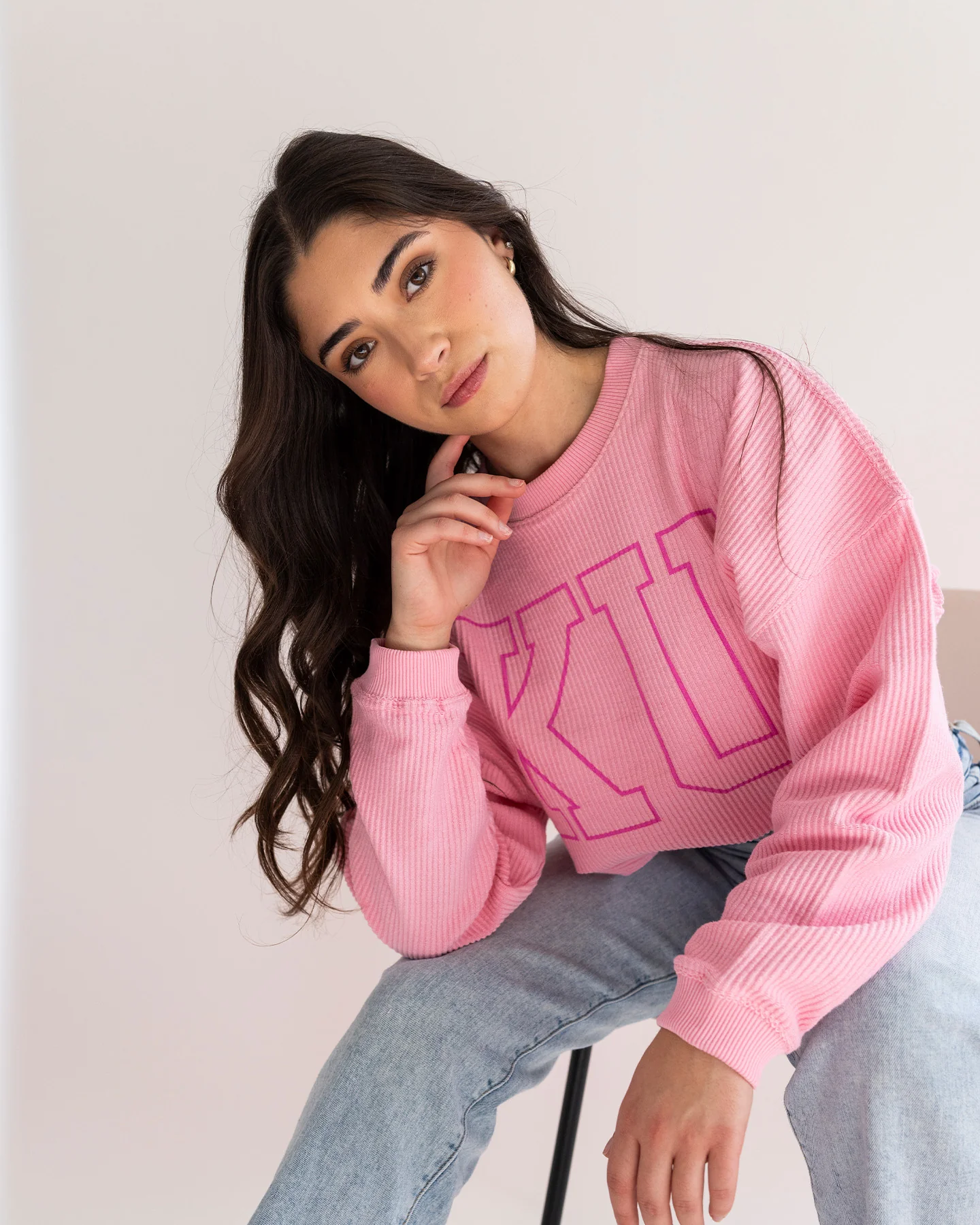 Women's Block KU Pink Corded Crew - Image 2
