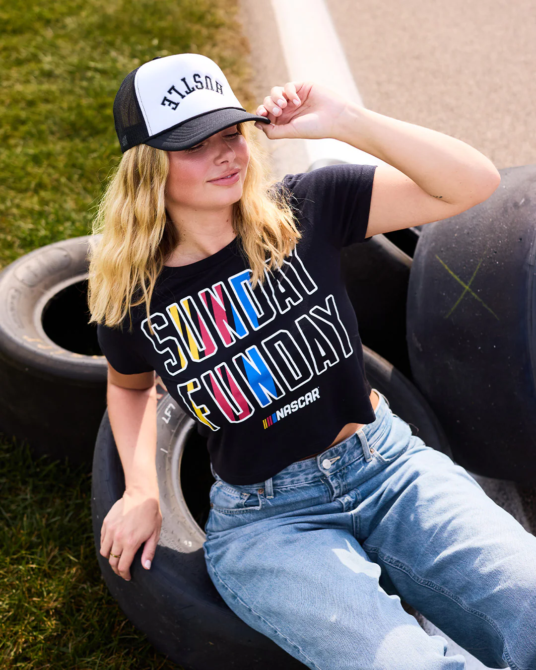 Women's NASCAR Sunday Funday Black Crop Top - Image 2