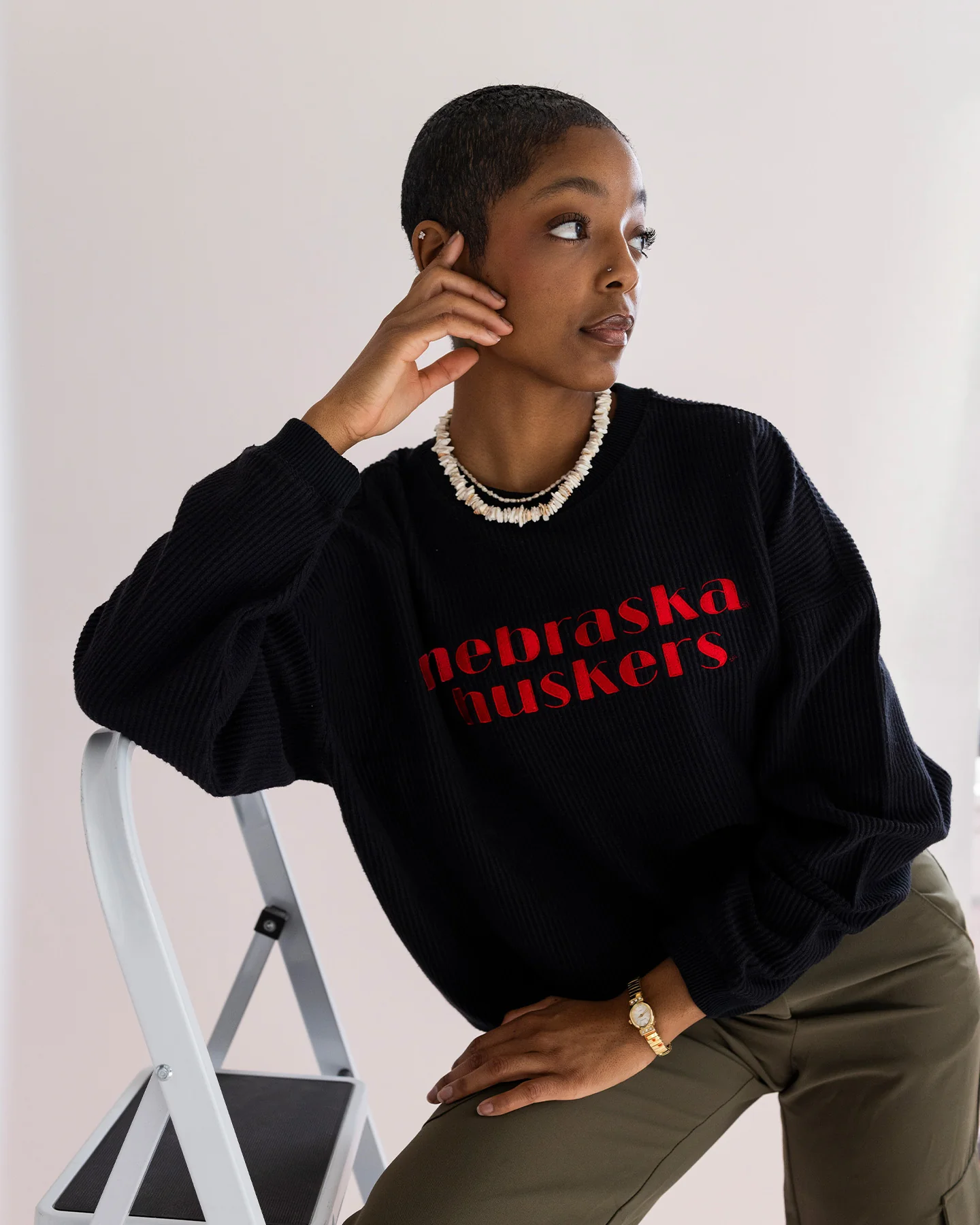 Women's Nebraska Cornhuskers Black Corded Crew - Image 2